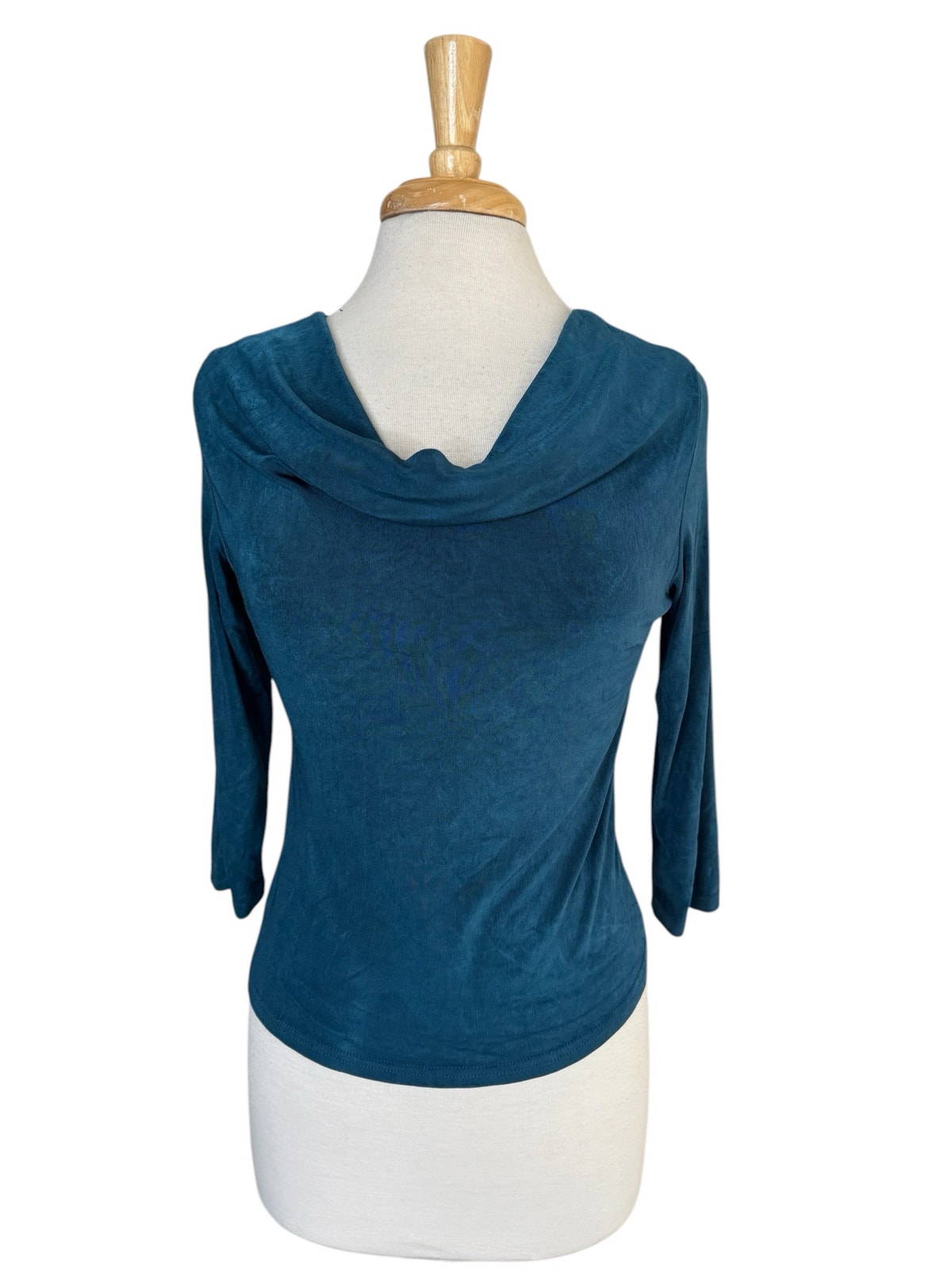 Fiore Travel Draped Neck Slinky Blouse Blue Size Medium 3/4 Sleeve Made In Usa